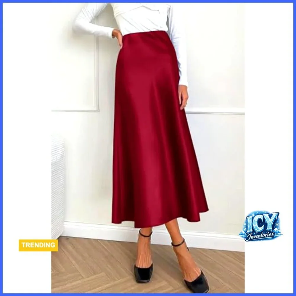 Satin Midi Skirt High Waisted A-Line Flowy Cocktail Wedding Casual